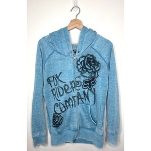 Y2K Fox Racing Co Zip Up Hoodie Womens Medium Blue Motocross Riders Spellout VTG